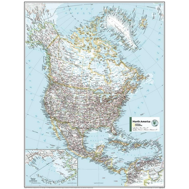 National Geographic Maps: North America Political Wall Map - Compact - 16.25 x 21.5 inch Poster - Front Lamination. This multicolour map features detailed political boundaries, geographic names, and shaded relief in the Azimuthal Equidistant projection. The inset highlights the Bering Sea and Aleutian Islands. Laminated for durability and dry-erase use, it is ideal for classrooms or home décor. Rolled and shipped in a sturdy tube.