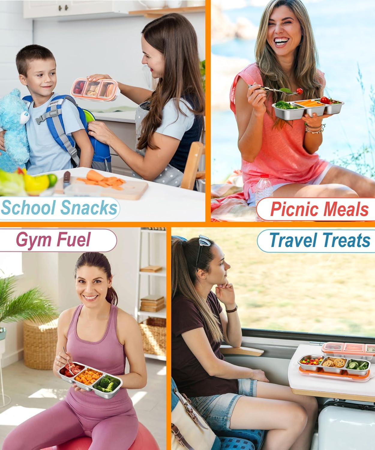 BAOKALER 20 OZ/600ml Stainless Steel Lunch Box, Silver, Three Compartments (Set of 3), Packaged in Kraft Paper Box. Material: 304 Stainless Steel, US Standard Silicone, PP Lid