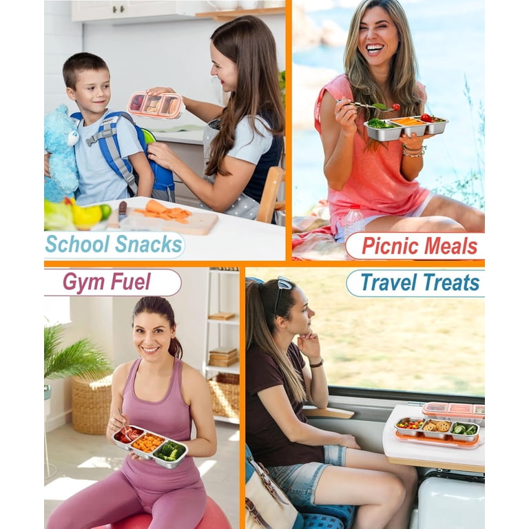 3 Pack Stainless Steel Snack Containers, 3 Compartment Metal Bento