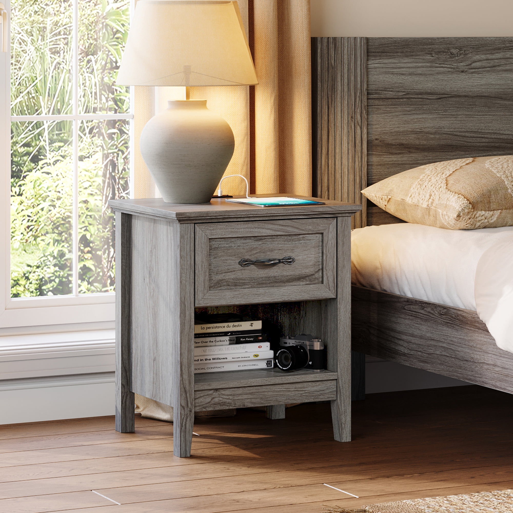 Linsy Home Nightstand for Bedroom set of 2 with Charging Station, Farmhouse End Tables for Living Room set of 2 with Drawer, Grey