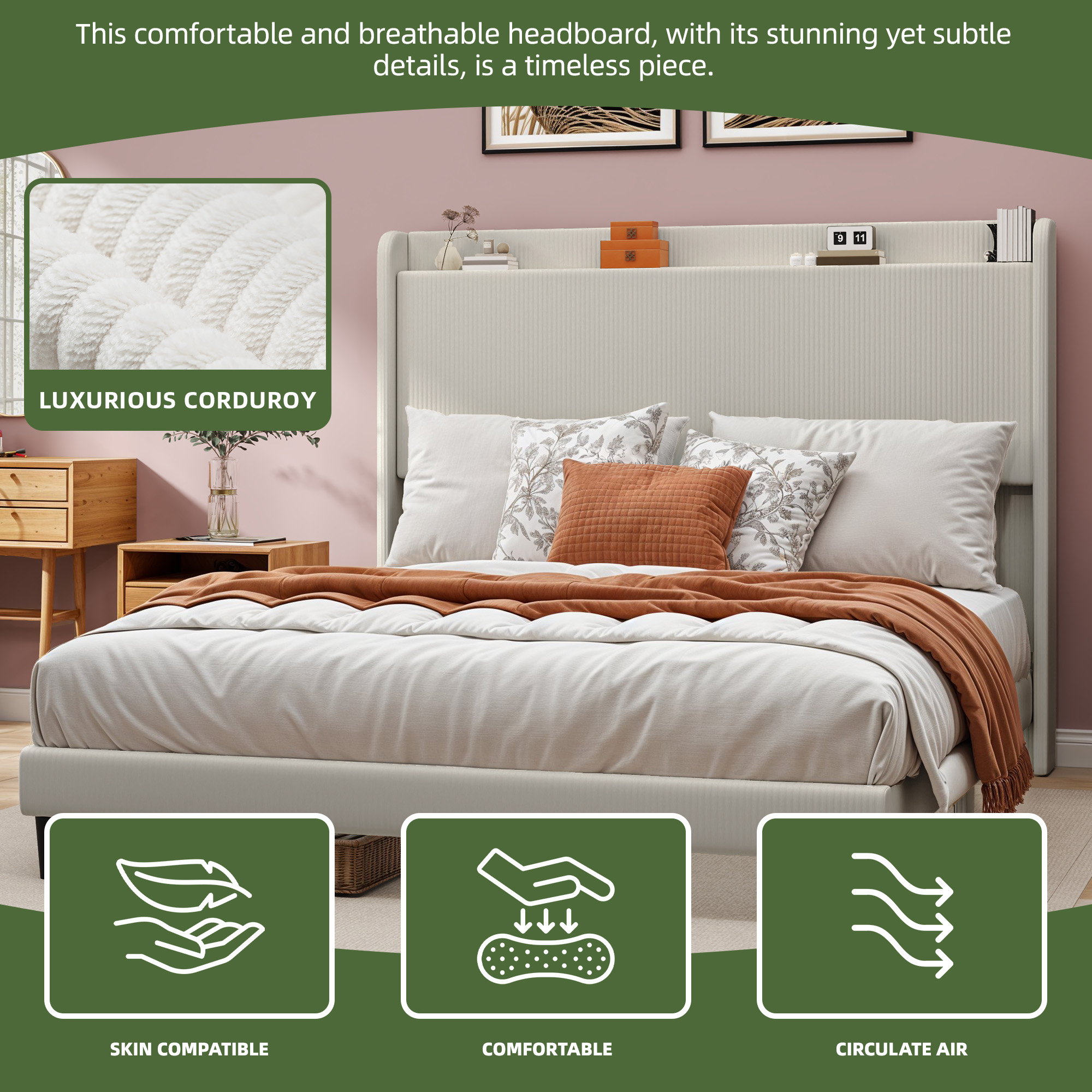 Uforic Corduroy Queen Bed Frame with Adjustable Headboard, Sturdy Slats, No Box Spring Needed, Beige