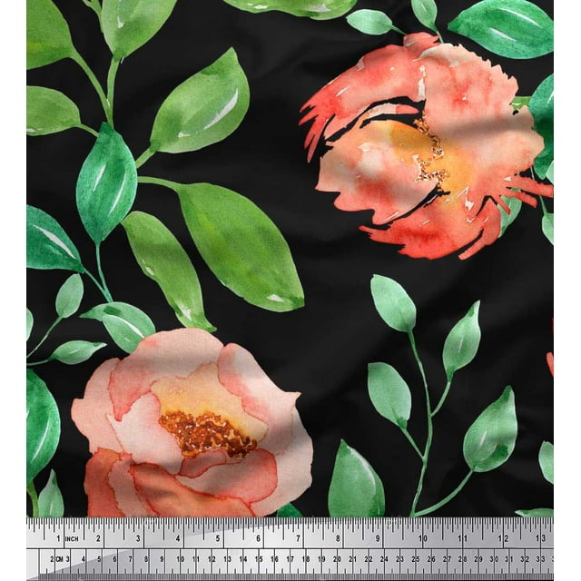 Soimoi Poly Georgette Fabric Flower & Leaves Watercolor Decor Fabric Printed Yard 42 Inch Wide
