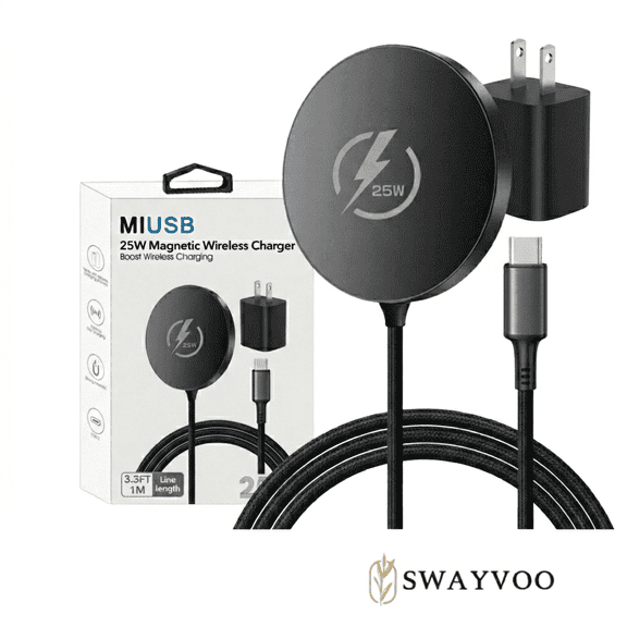 Swayvoo 25W Qi2.2 Fast Wireless Charging Pad for MagSafe, Portable Magnetic Wireless Charger for iPhone 17/16/15 Series with 3.3ft Cable Black