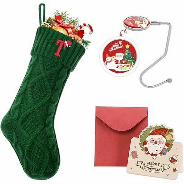 wonima44 Christmas Stockings with Initials, 18’’ Large Embroidered Monogram Knit Christmas Stocking,Xmas Stocking for Kids, Holiday and Family Stocking for Fireplace or Party Decoration Green Letter T