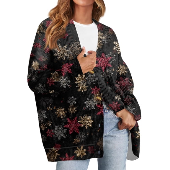 Women's Fashion Long Sleeve Christmas Print V-Neck Button Loose Cardigan Top, Knit Sweater for Casual Outfits and Comfort,Black,S