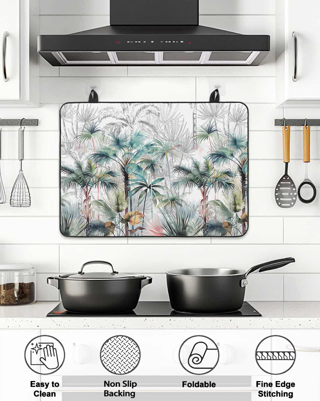 Stove Top Covers for Electric Stove, Summer Palm Trees Glass Stovetop Cover Protector, Botanical Tropical Leaves Induction Cooktop Protector Oven Mat for Kitchen Countertop 24"x21"