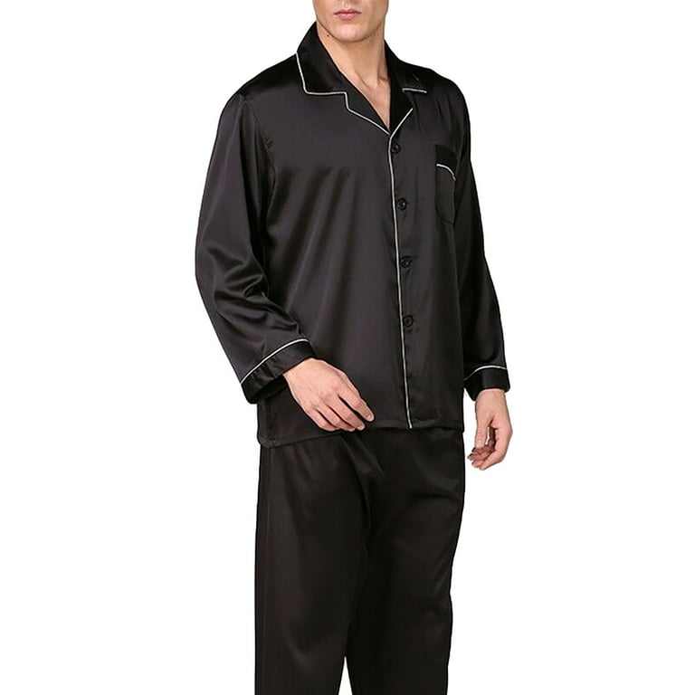 Mens Silk Satin Pajamas Set Top Pants Sleepwear Nightwear Black
