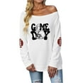 thumbnail image 2 of LEKDFST Womens Off The Shoulder Sweatshirt Cute Football Graphic Hoodies Long Sleeve Oversized Pullover Fall Tops Streetwear White XXL, 2 of 5