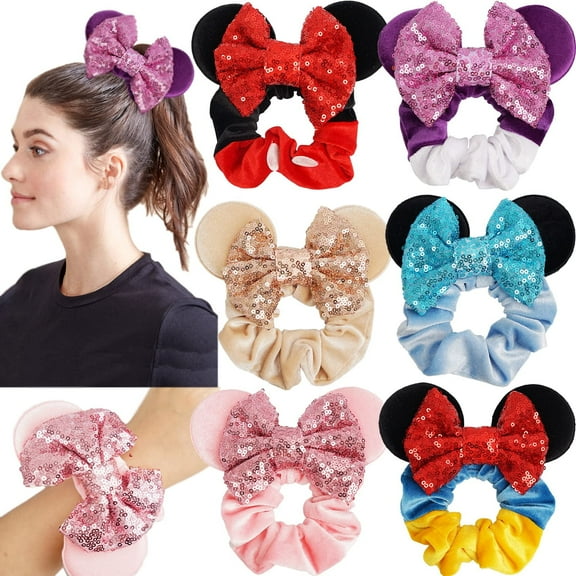 6 Pack Mouse Ears Scrunchies Velvet Sparkle Sequin Mouse Bows Hair Scrunchies Hair Ties Elastic Rubber Bands Ponytail Holders for Kids Women Girls Christmas Party Decoration