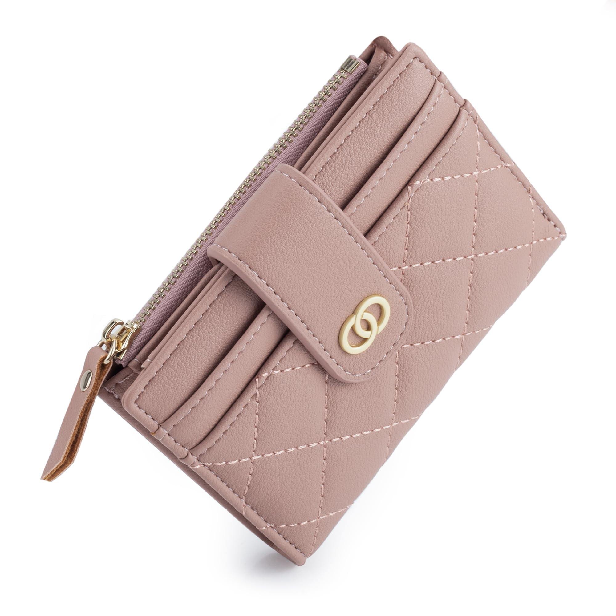 Small Leather Wallets for Women RFID Pink Wallet Purse Cute Card Holder Wallet for Girls Slim Bifold Card Wallet with Zipper Coin Pocket