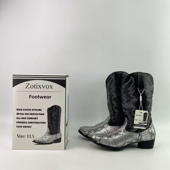 Zotixvox Footwear,Men's Western Cowboy Boots - Embroidered Faux Snakeskin Square Toe Mid-Calf Boots for Casual and Riding - Size:11.5