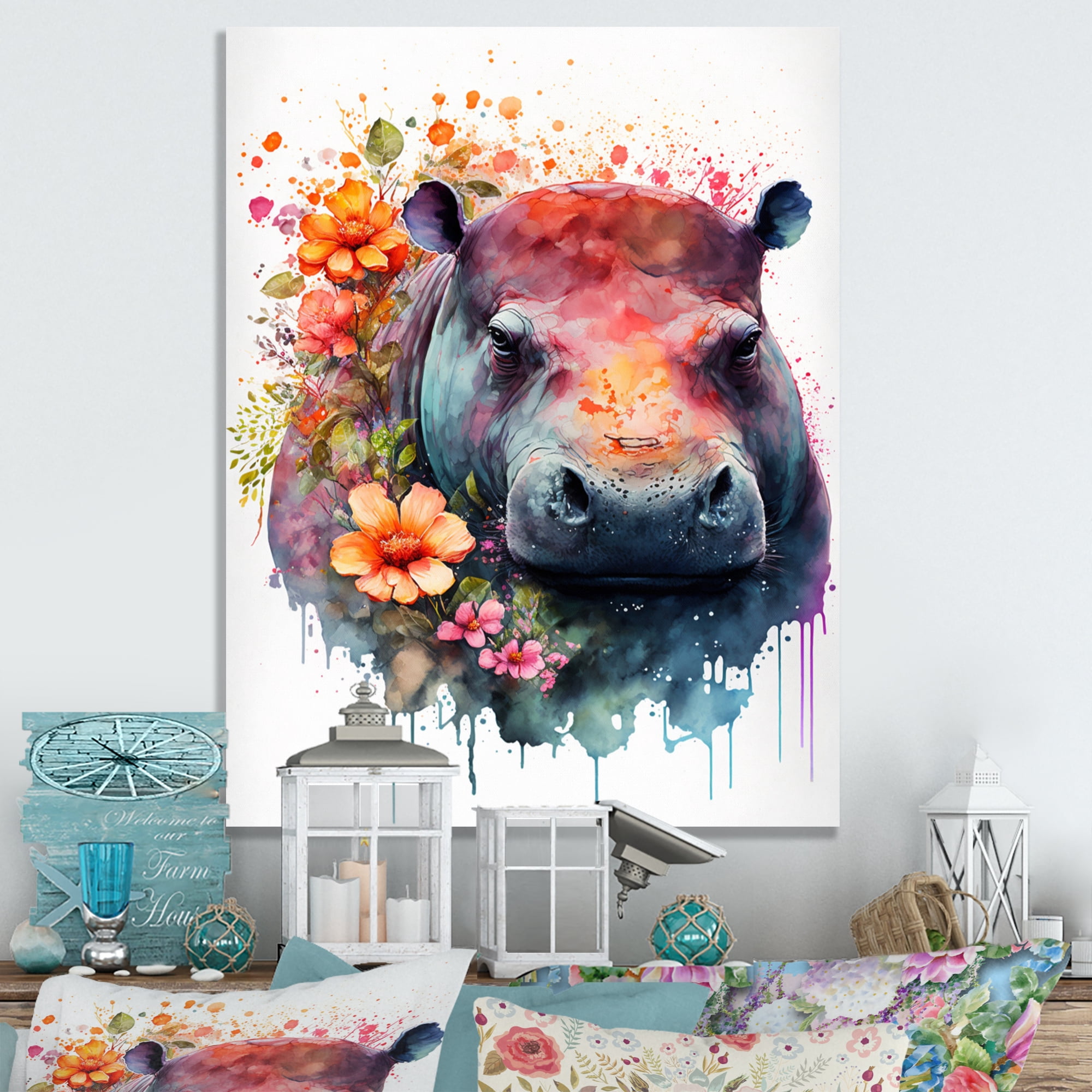 Designart Cute Hippo Floral Art Canvas Wall Art