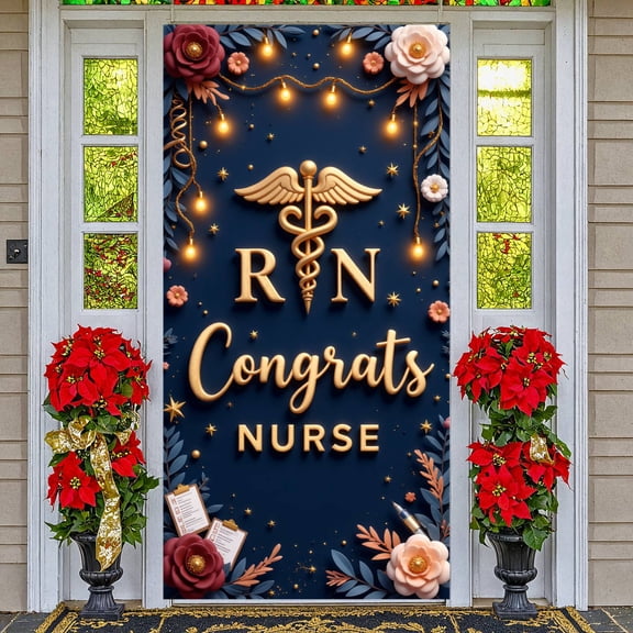 Gold Accent RN Congrats Banner Navy Blue Background Nurse Graduation Display Floral Decoration String Lights Caduceus Backdrop for Nurse Graduation Party RN Promotion Celebration Nursing Achievement