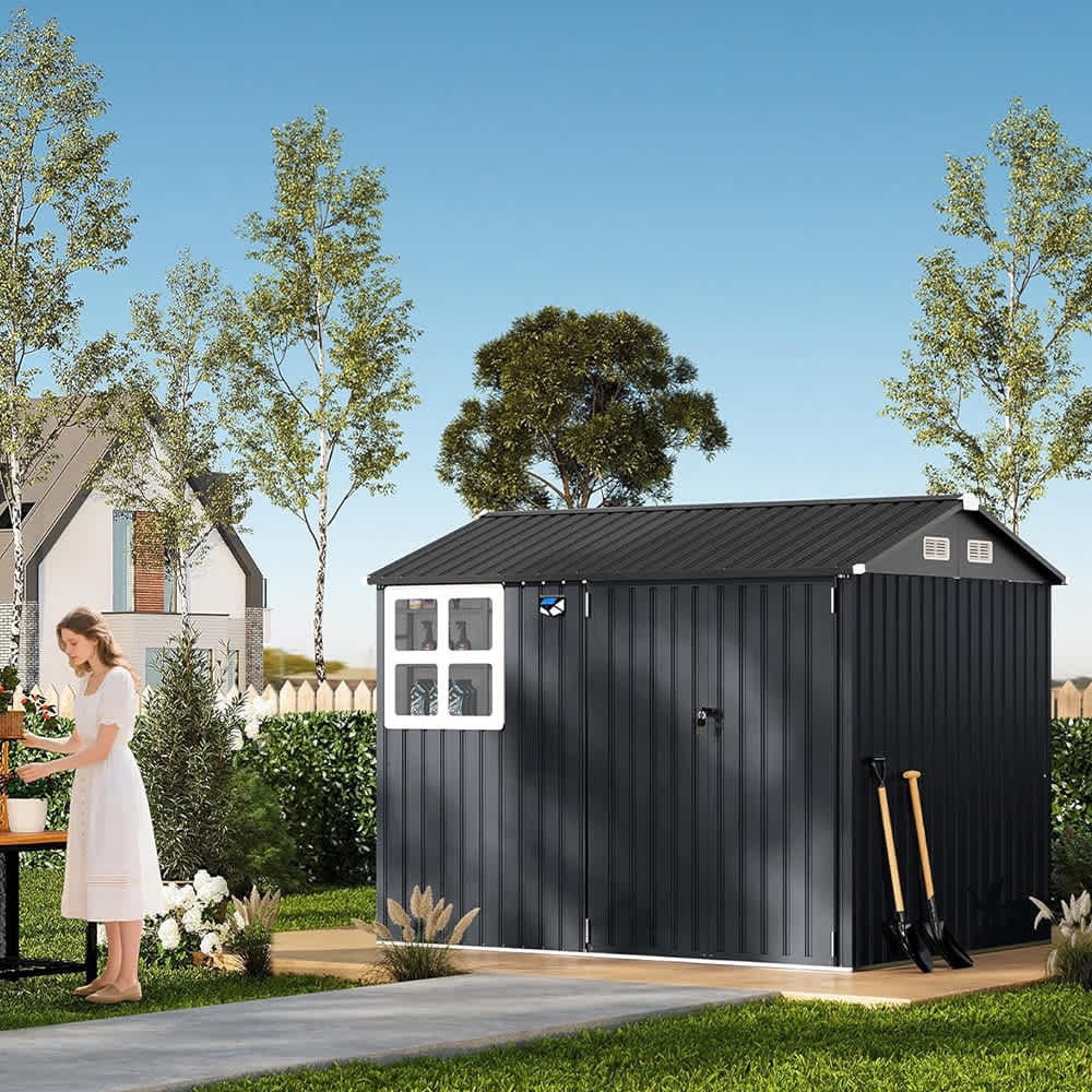 EastVita 8 x 6 ft Outdoor Metal Storage Shed with Windows and Lockable Doors Heavy-Duty Garden Tool Shed Dark Gray