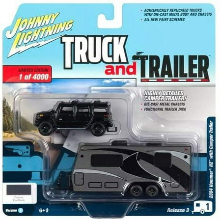 2004 Hummer H2 Black with Gunmetal Camper Truck and Trailer Series 3 1/64 Diecast Model Car by Johnny Lightning JLSP037 A