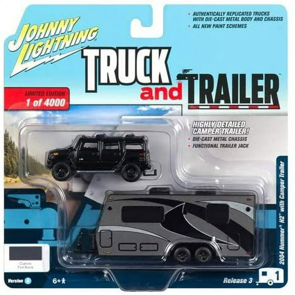 2004 Hummer H2 Black with Gunmetal Camper Truck and Trailer Series 3 1/64 Diecast Model Car by Johnny Lightning JLSP037 A