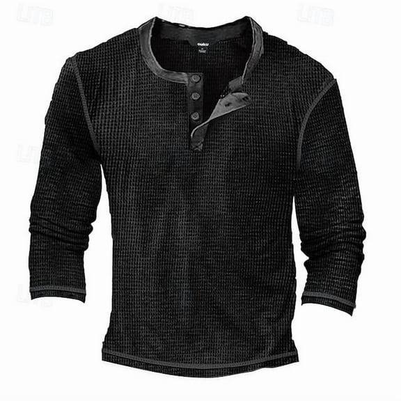 Men's Distressed Henley Shirts Vintage Long Sleeve T-Shirts Washed Casual V-Neck Button Tee Shirts Black L