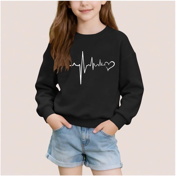 LJEFF Girl's Valentine's day Sweatshirt, Regular Fit Crew Neck Casual Heart Print Tee for Kids Black Size 7-8 T