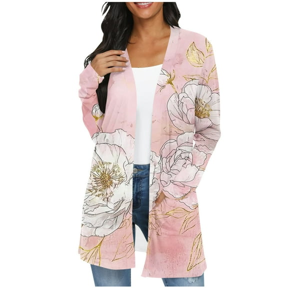 JSheng Women's Casual Cardigan Tops Fashion Cute Printed Long Sleeved Loose Comfy Tops with Pockets Hot Pink#01 L