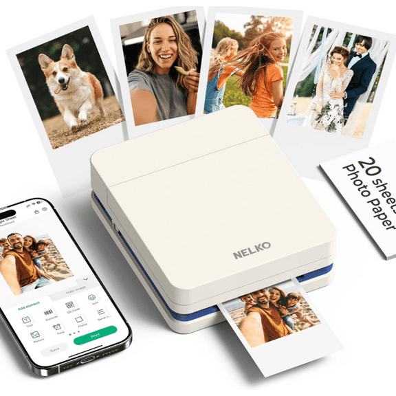 PP01 Instant Smartphone Photo Printer, Portable Mini Color Wireless Mobile Printer, Sticky-Back Photos, Bluetooth Compatible with iOS & Android Devices, Fun Editing App, Beige