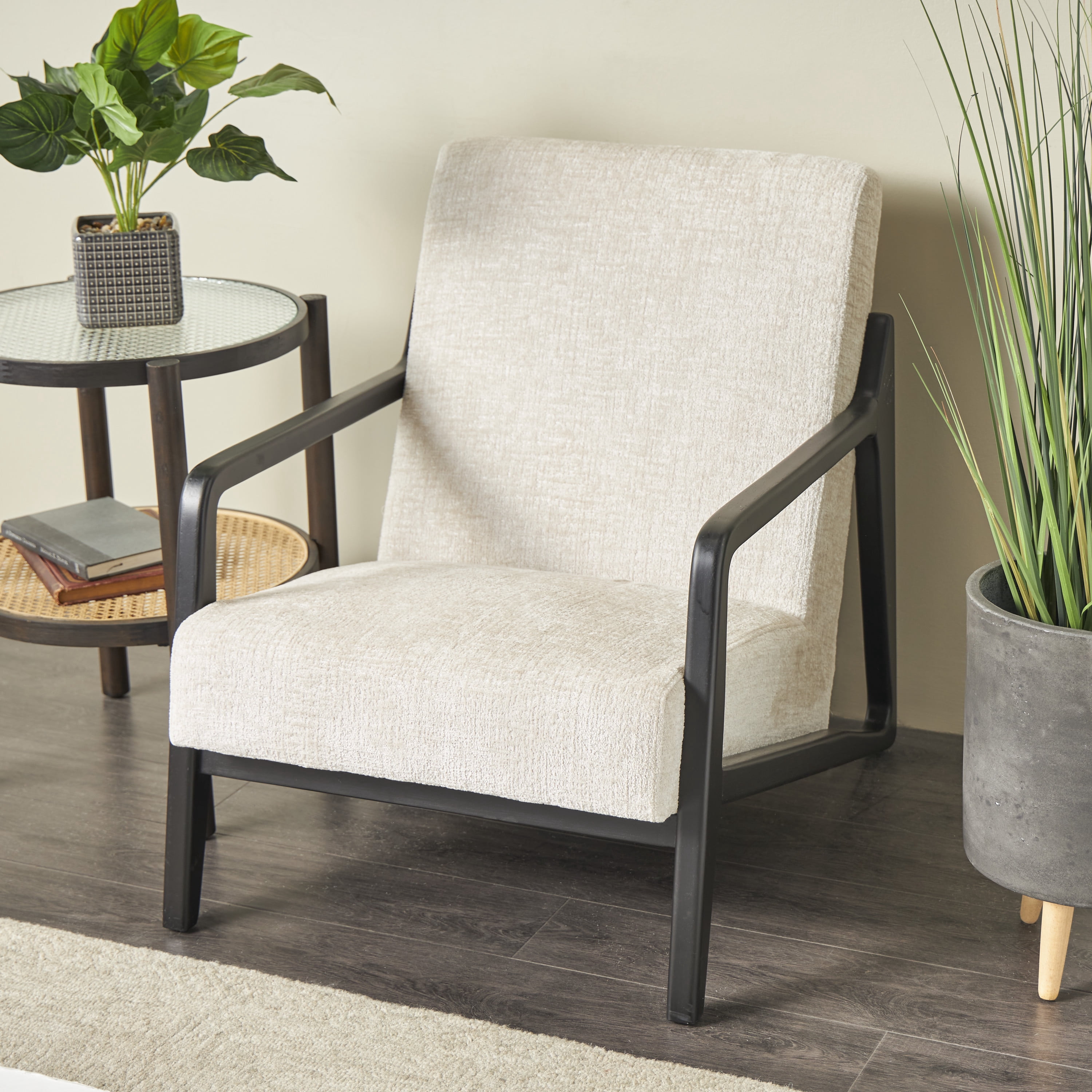 DecMode Polyester Mid Century Modern Boucle Lounge Chair with Black Wood Frame, Cream