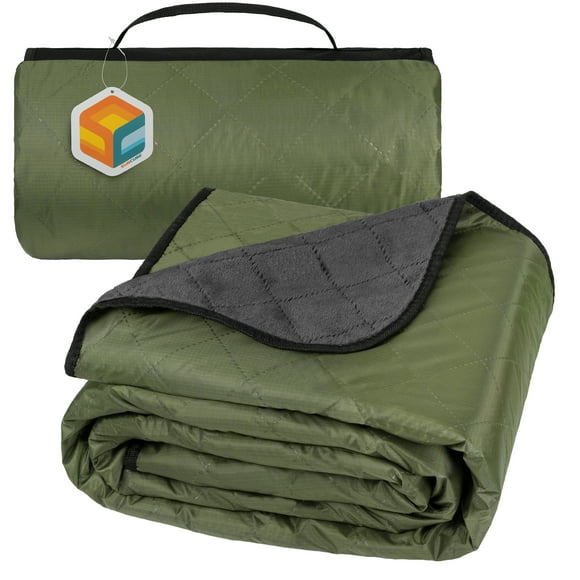 SUN CUBE Large Waterproof Outdoor Blanket, Fleece Lining, Windproof Stadium Blanket for Sports, Picnic, Park, Portable Camping Blanket, Car, Boat Travel, Machine Washable, 60x80, Olive Green/Grey