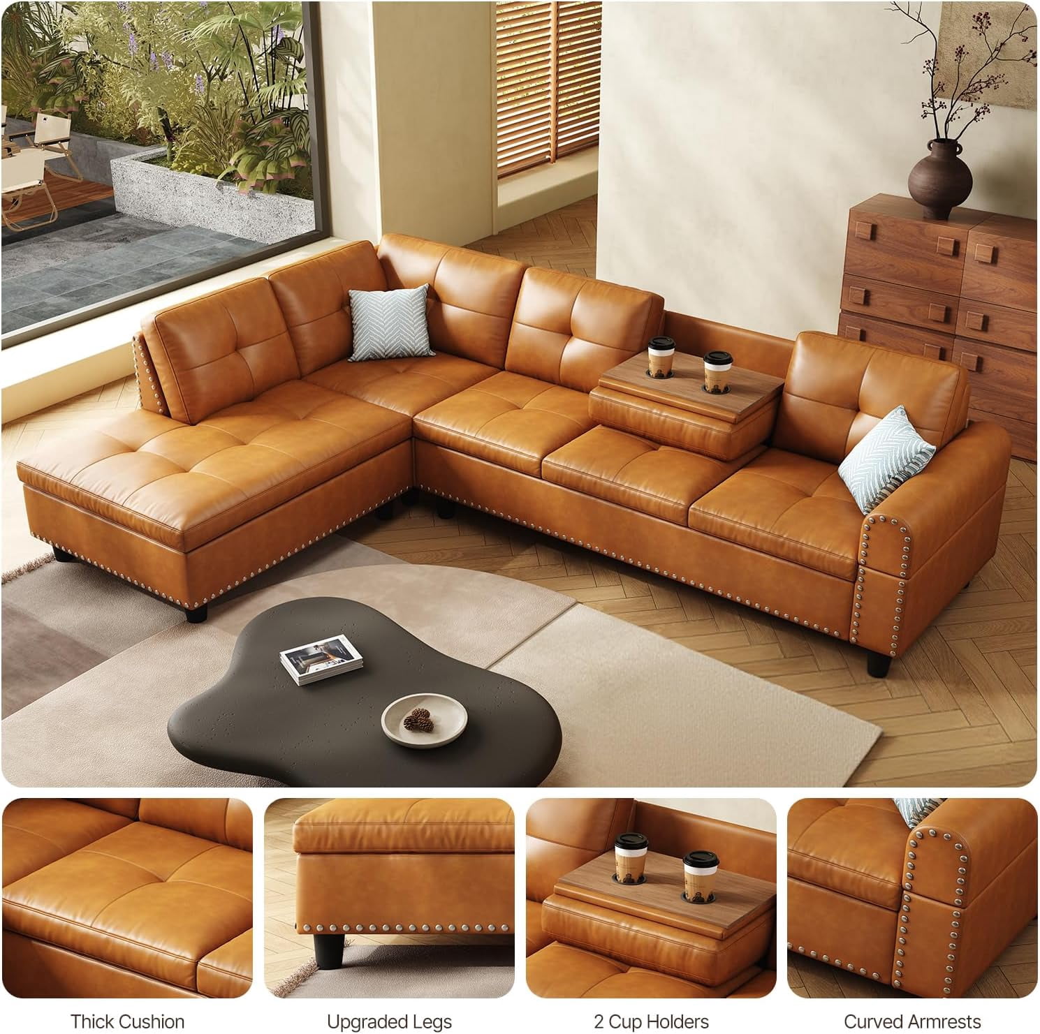 AENKYO 98" L-Shaped Upholstered Sectional Sofa Couch with Storage & Cup Holders, Faux Leather Living Room Sofa Set, Ginger