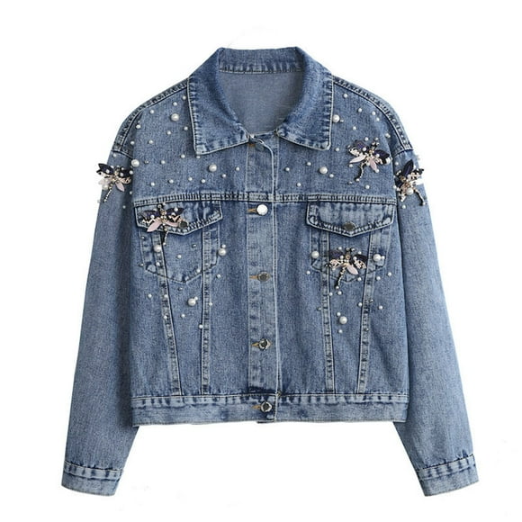 Gpaecead Women's Beaded Denim Jacket - Embroidered Embroidery Casual Long Sleeve Jacket Blue
