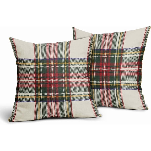 18x18 Inch Set of 2 Christmas Plaid Pillow Covers Red Green Cream Buffalo Check Xmas Tartan Decorative Throw Pillowcases Outdoor Winter Farmhouse Holiday Cushion Cases Decor for Sofa Couch Bed