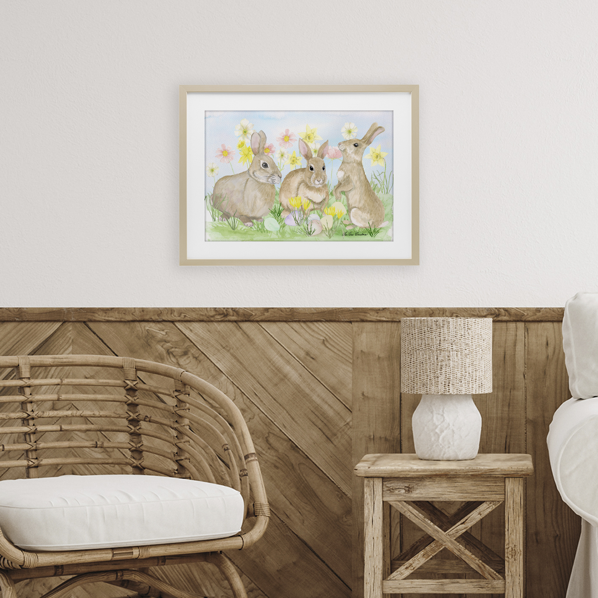 Three Bunnies In The Grass Birch Framed Print Under Glass, design by Lee Ann Sanders