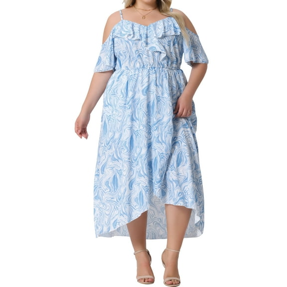 DARING DIVA Plus Size Short Sleeve Faux Wrap Summer Floral Dress 1X Light Blue