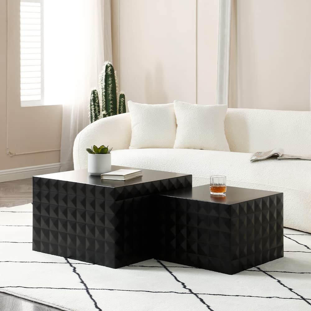 Nesting Coffee Table Set of 2, Matte Black Square Wooden Coffee Tables