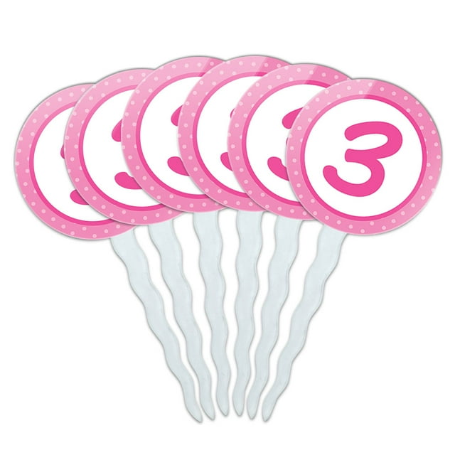 Birthday Pink Dots 3 Cupcake Picks Toppers - Set of 6