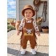 thumbnail image 6 of RUINIXCW Western Newborn Baby Boy Cowboy Outfit Infant Boys Spring Fall Winter Clothes Cow Head Print Long Sleeve Romper Tassel Overall Pants Hat Set, 6 of 10