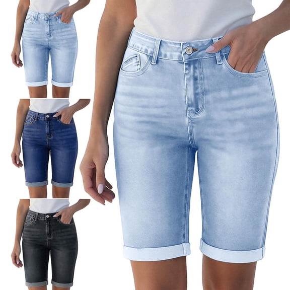 Women's Bermudas Jeans, Stretchy Denim Shorts for Women Button Closure Washed Lightweight Mid Waist Knee Length Jean Shorts with Pockets