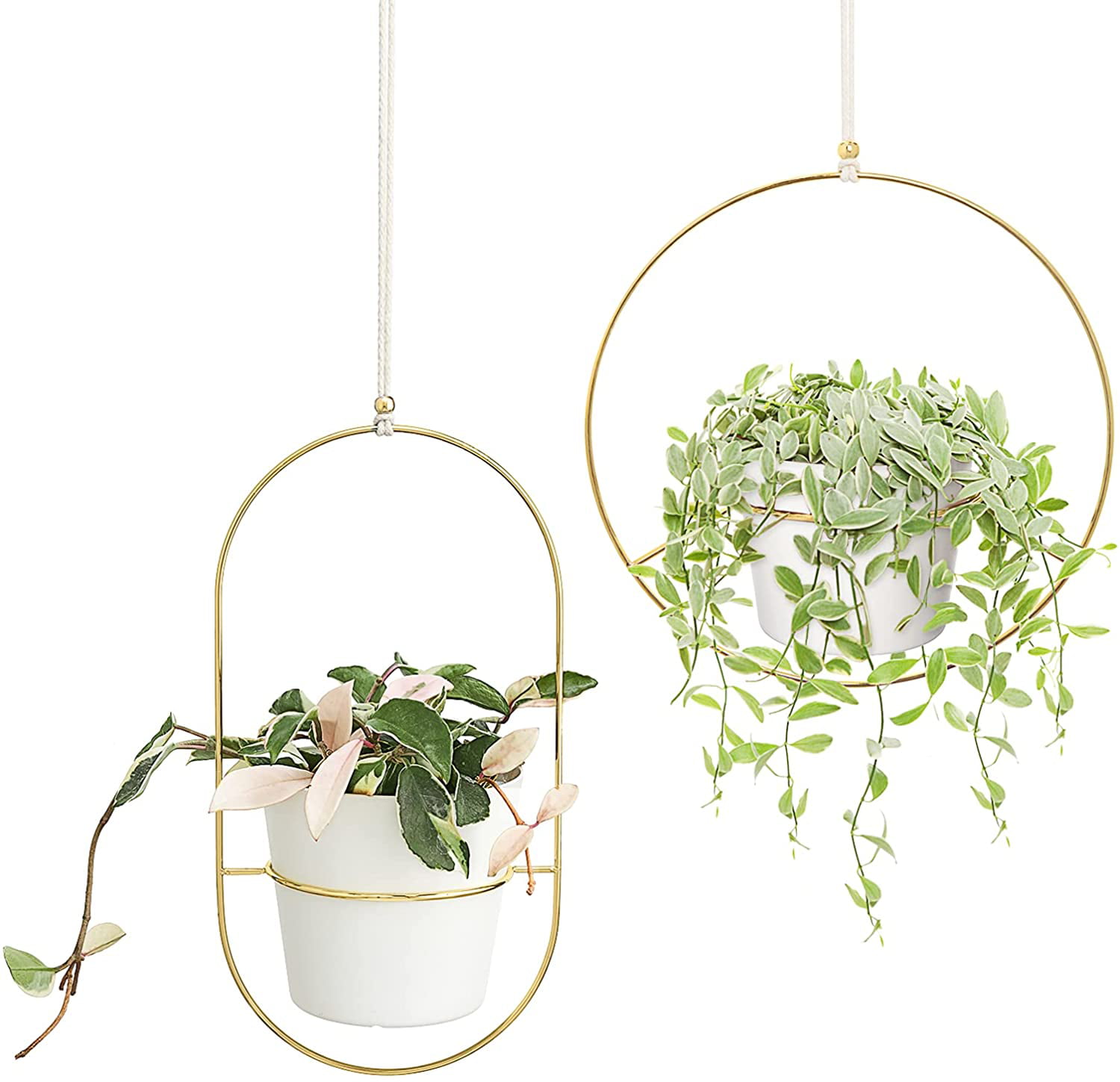 Finderomend Boho Hanging Planter Set of 2 Metal Plant Hanger with Pots,Mid Century Flower Pot Plant Holder in Triangle and Oval Shape Simple Modern Wall and Ceiling Haning Planter for Home Garden