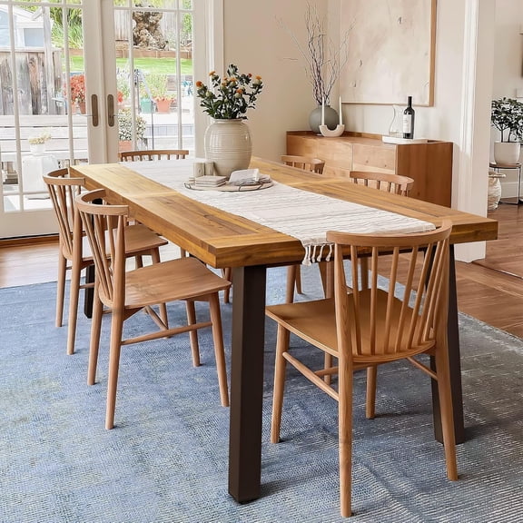 Solid Acacia Wood Dining Table, Kitchen Dinette Furniture, Indoor Outdoor Dining Room Patio Table, Sturdy Metal Base, Weather Resistant, Rustic Farmhouse Style, Natural