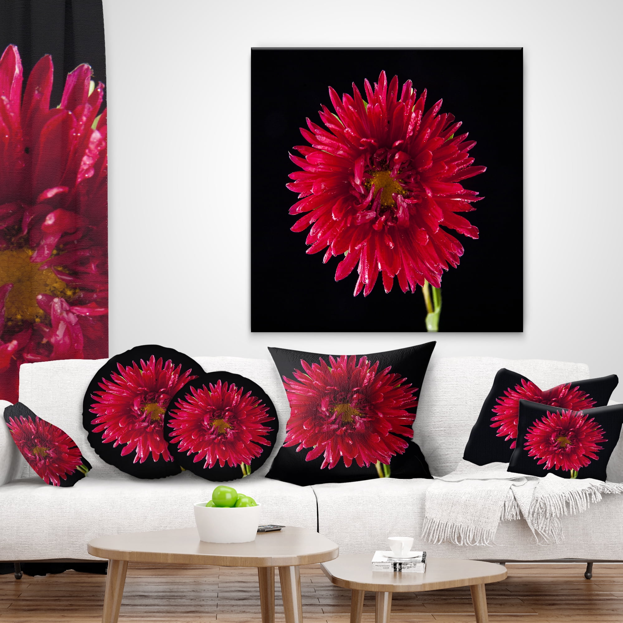 Designart Chrysanthemum Flower on Black - Flowers Throw Pillowwork - 16x16