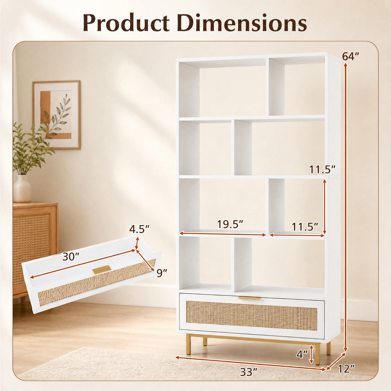 Furnibear 64 inch 6-Tier Tall Wooden Bookcase with 8 Open Cubes for Living Room Home Office Bedroom Display Storage Shelf, White