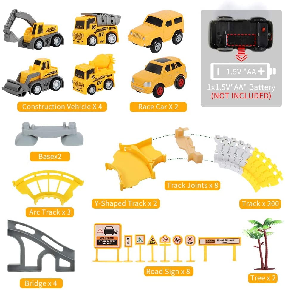 Best Birthday Gift Bpocz Track Toy 225 PCS Kids Construction Toys,4PCS Construction Toys Car and Flexible Track Playset,Create a Track Toys for 3 4 5 6 & Up Year Old Boys and Girls 