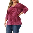 thumbnail image 4 of Tops de mujer de talla grande Agnes Orinda, con diseño de rayas de teñido anudado, cuello en V, mangas 3/4, blusas casuales 3X en color rosa intenso, 4 of 6
