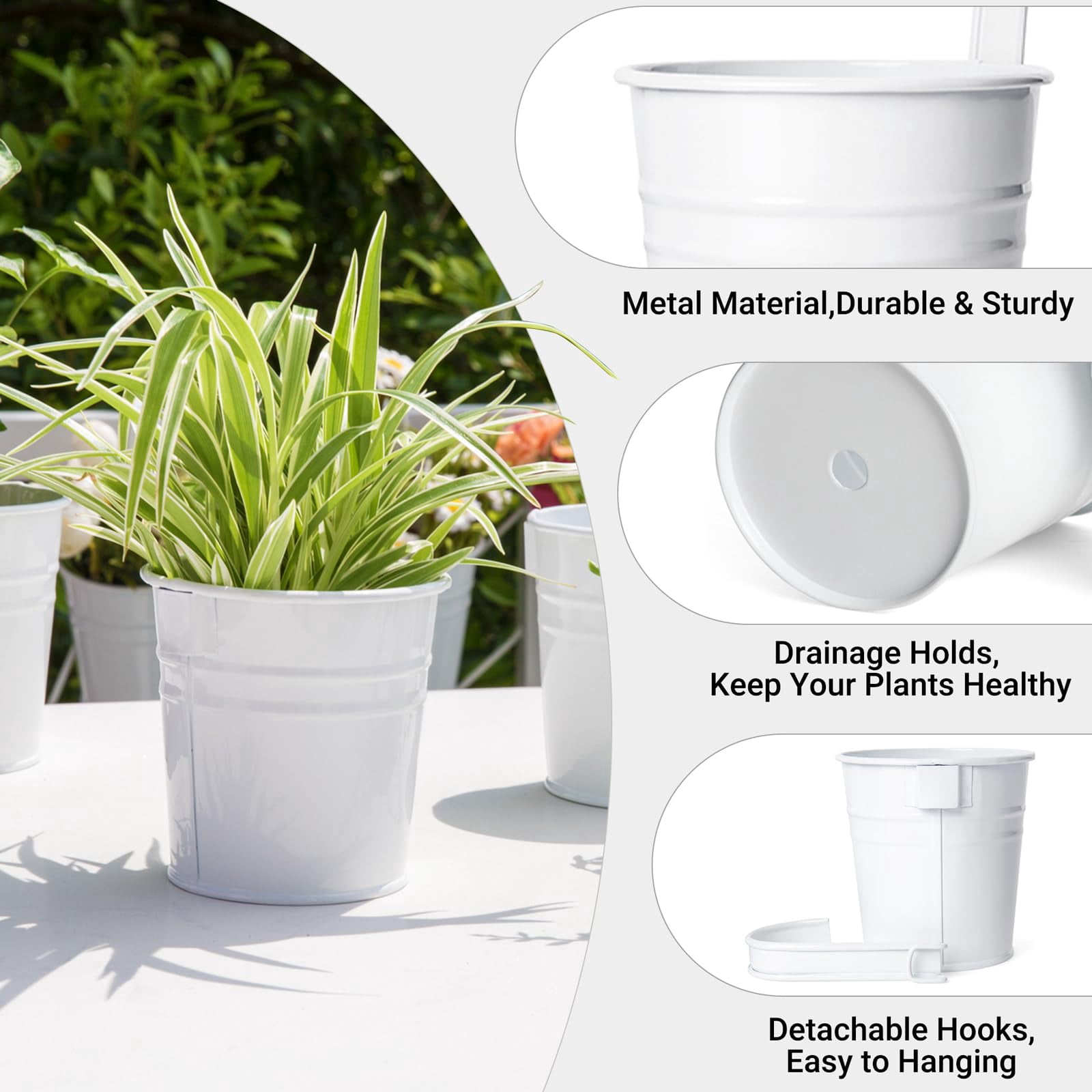 10 Pcs Hanging Flower Pots Metal Iron Bucket Planter for Railing Fence Balcony Garden Home Decoration Flower Holders with Detachable Hooks, White, 4 inches