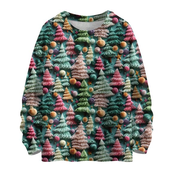 WTOBBY Women's Christmas Floral Knitted Top, Long Sleeve Round Neck Casual Sweater, Holiday Print Pullover Blouse for Seasonal Style, Soft Yarn Construction for Comfort,Army Green L