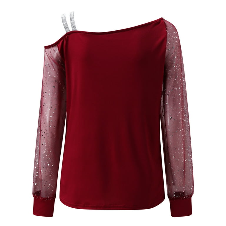 WNG Women Casual D Andelion Tops Long Blouse Sleeve Print Cold T-Shirt Shoulder Mesh