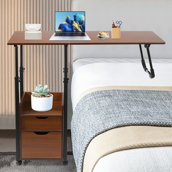 ​​ChicHomey Overbed Table - Foldable Height-Adjustable Top, 4 Universal Wheels, for Bedroom/Laptop/Reading (Black Oak)​