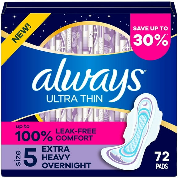 Always Ultra Thin Extra Heavy Overnight Pads with Wings, Size 5, 72 Count