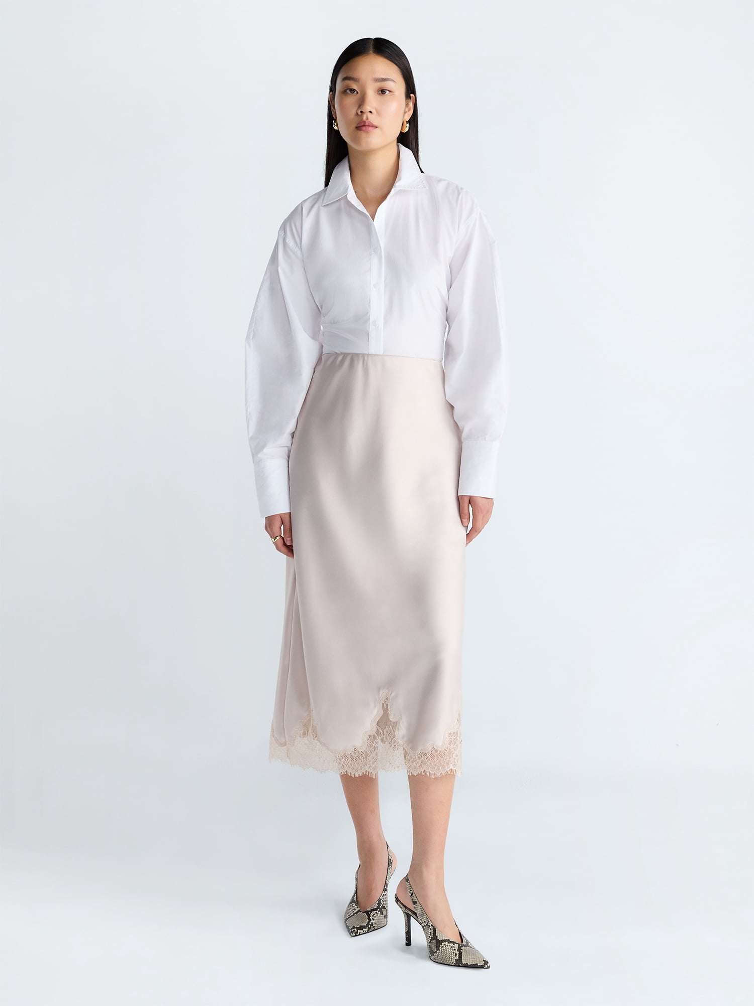 Scoop Women's Midi Slip Skirt with Lace Trim, Sizes XS-XXL