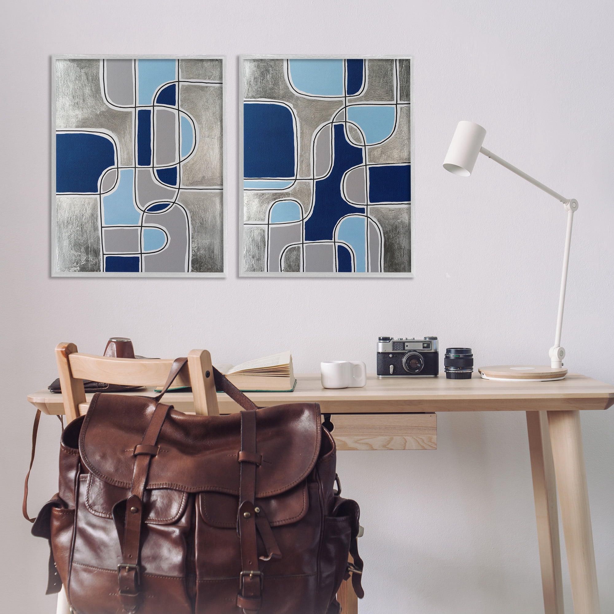 Stupell Industries Blue & Grey Geometrics Abstract Painting Gray Framed Art Print Wall Art, 24 x 30, Set of 2