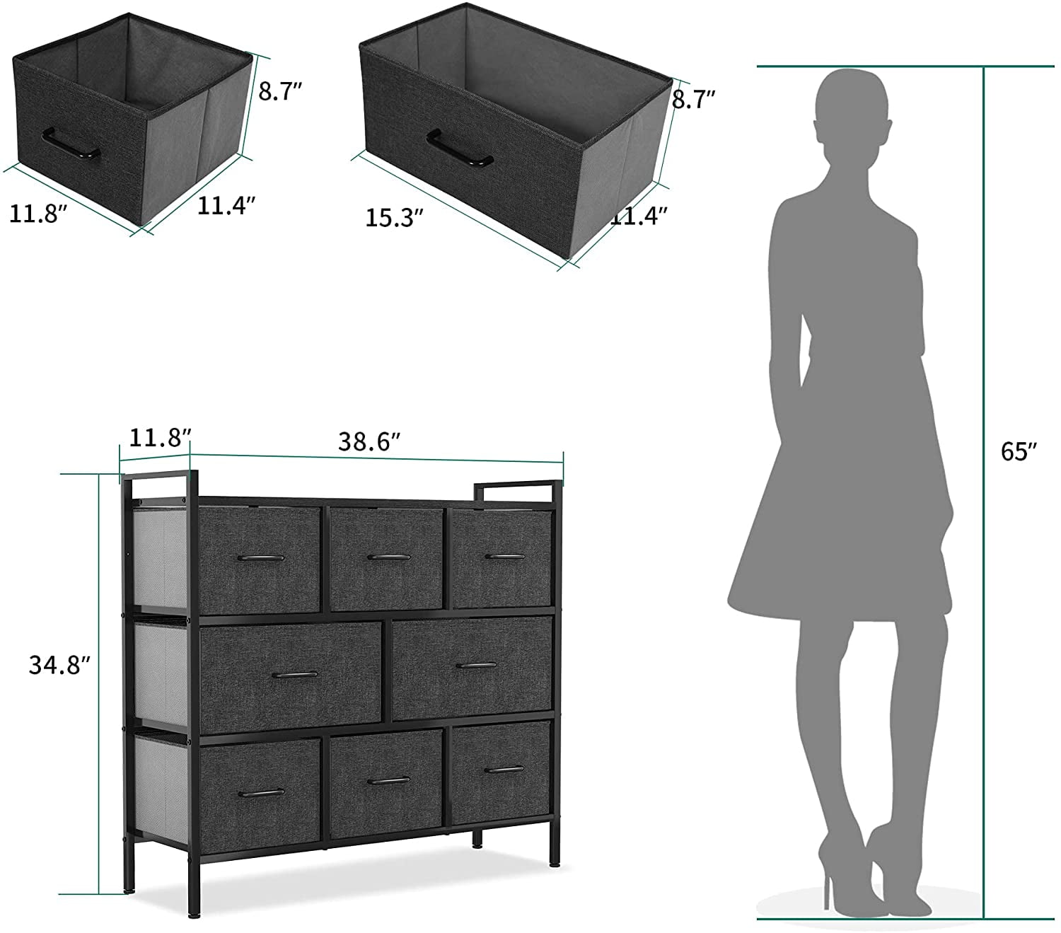 YITAHOME Fabric Dresser with 8 Drawers for Bedroom, Hallway, Closet, Office Organization,Black Grey