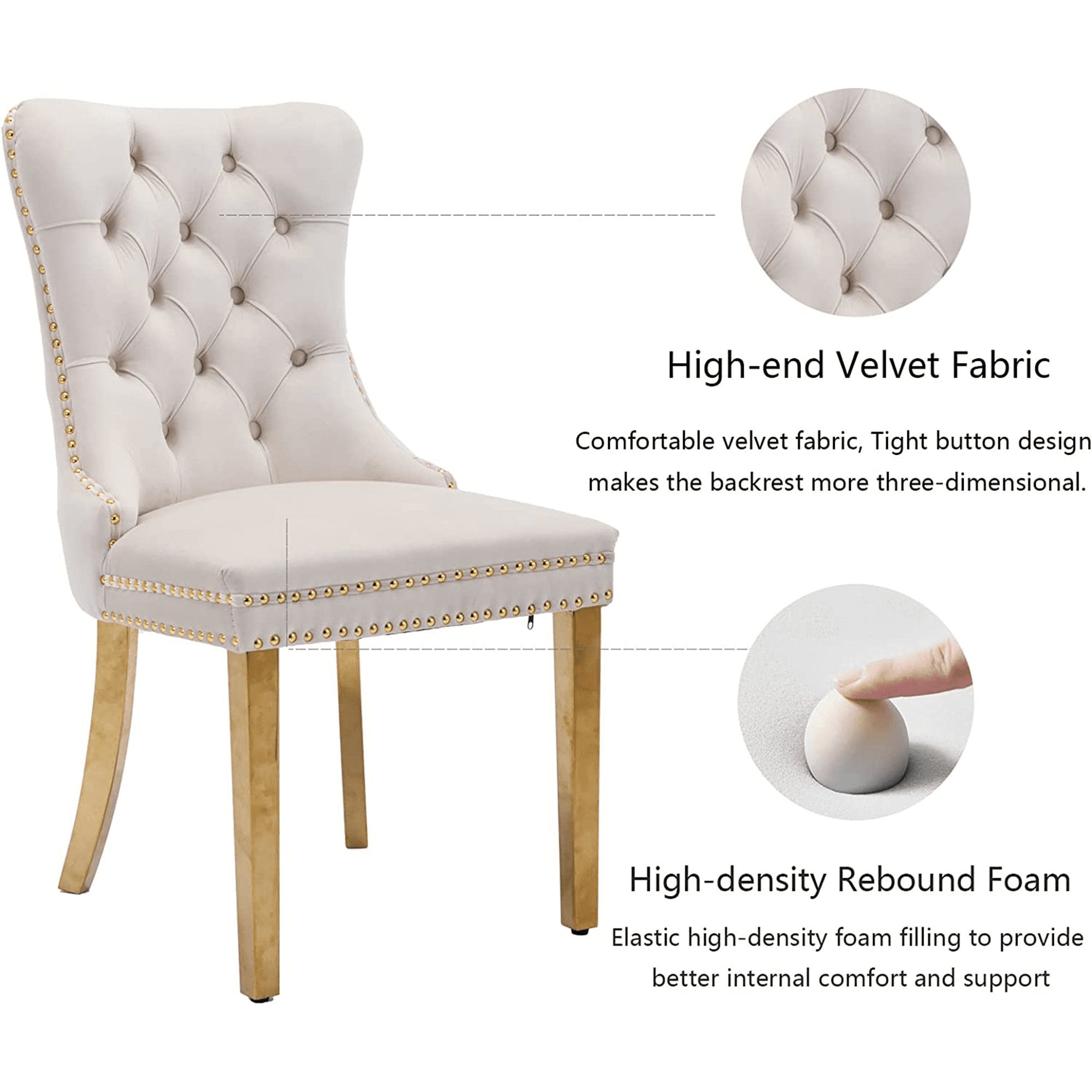 LegaHome Dining Chairs Set of 2, Modern Upholstered Velvet Dining Room Chairs with Nailhead Trim and Golden Stainless Steel Plating Solid Wood Legs, Tufted Button Padded Chairs Set for Kitchen, Beige